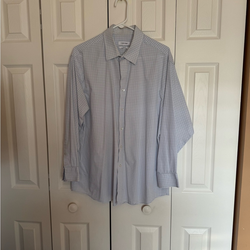 Calvin Klein Blue Steele Regular Fit, Stretch Long Sleeve Classic 17.5 Neck